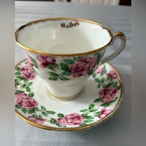Vintage Floral 'Mother' Gold Trim Teacup & Saucer - Victoria Rose Pattern